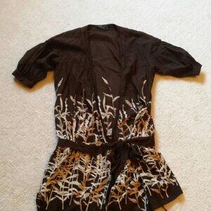 BCBG Silk & Cotton Wrap Top – Dark Brown Nature Print – Size XS, EUC